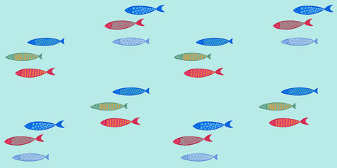 Colorful seamless pattern featuring various fish swimming in the ocean