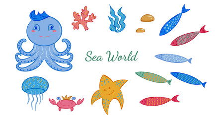 Set of  marine animals and ocean elements