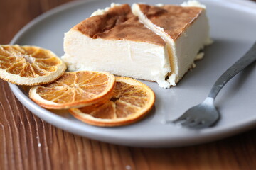 San Sebastian cheesecake on plate in restaurant in close-up	