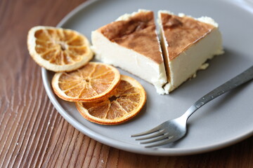 San Sebastian cheesecake on plate in restaurant in close-up	
