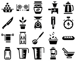 Kitchen icon set featuring utensils and appliances for cooking