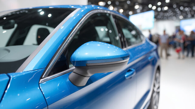 Sleek electric vehicle displaying side mirror with integrated camera, representing cutting edge automotive technology at international car exhibition