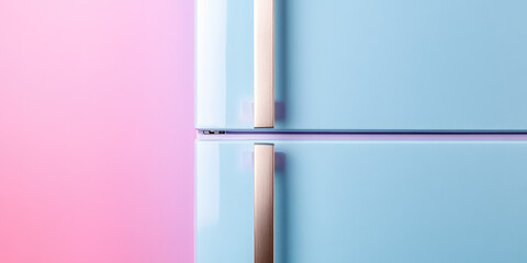 A blue refrigerator with metallic handles is featured against a pink background. Modern kitchen appliance concept