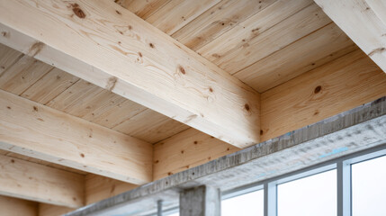 Detail of joints between cross laminated timber panels and large supporting beams, creating sustainable and aesthetically pleasing ceiling in modern eco friendly building