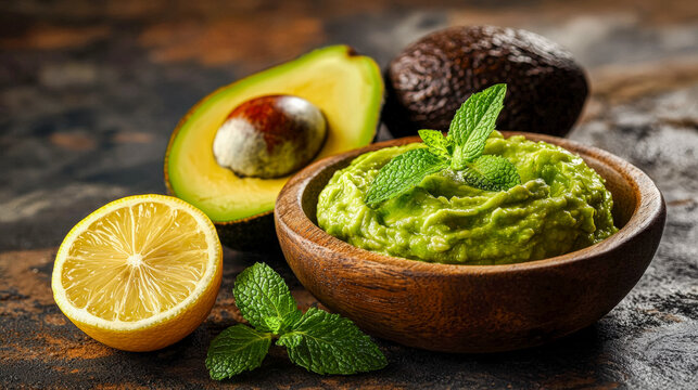 Fresh guacamole with lemon, avocado, and mint on rustic wooden surface