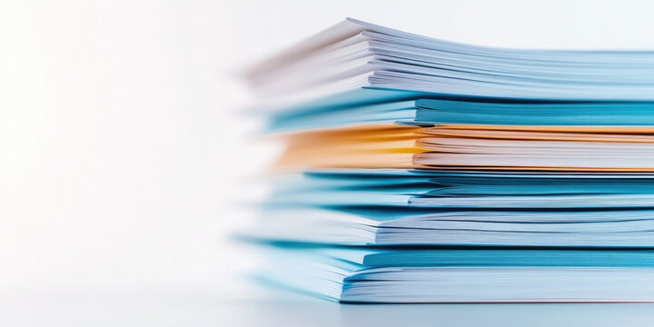 A stack of colorful paper documents is neatly arranged, showcasing layers of blue and yellow sheets. Office organization and paperwork