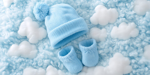 A pair of blue baby booties and a matching hat with a pompom rest on a fluffy, cloud-patterned surface. Cozy baby apparel concept