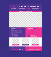 School Admission Flyer Pink Purple Design, Modern school admission flyer with pink and purple, editable text layout.