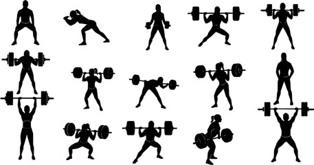 Weight lifter woman, abstract isolated vector silhouette on white background
