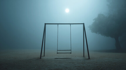 Fog rolling across empty playground at night, swing slowly moving, wide framing, bluish moonlight, trees and sand