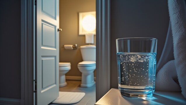 A nightstand holds a half-full glass of water near a softly glowing bathroom seen through a slightly open door—capturing the balance between hydration and those familiar late-night trips.