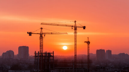 Silhouetted construction cranes building new skyscrapers at sunset over a cityscape, creating a vibrant and dynamic urban scene