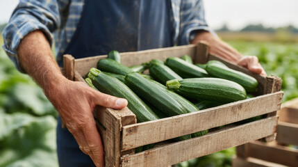 Farmer holding wooden crate, brimming with freshly picked zucchini, standing near harvested field background