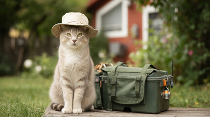 Whimsical feline wearing fishing cap, perched near tackle box amid colorful garden blooms, embodying quirky outdoor charm