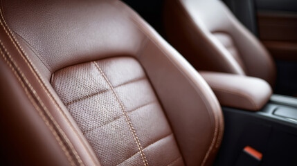 Modern vehicle interior showcasing perforated brown leather car seat with detailed stitching, warm lighting enhances luxurious feel