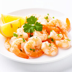 Cooked shrimp garnished with chopped parsley and a lemon slice. AI