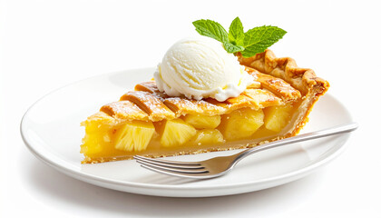 Pineapple pie slice with golden filling and vanilla ice cream. AI