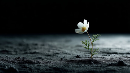 Fragile white blossom emerging from desolate lunar terrain, representing endurance and life's unexpected resilience