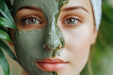 Skincare Half-Mask: Woman with Half of Her Face Covered in a Skincare Mask Illustrating the Beauty Routine Concept