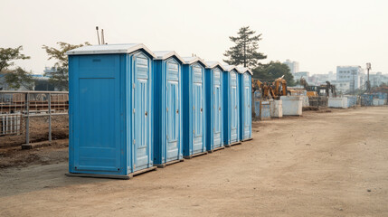 Construction site portable toilets lined up, serving workers during ongoing building project