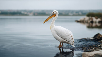 White pelican standing in oil slicked water near shore, highlighting environmental pollution and its impact on wildlife