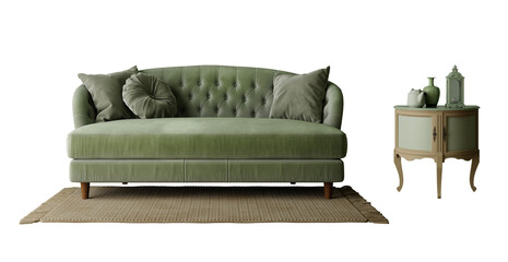Green vintage, sofa , rug and table isolated PNG. 3d rendering