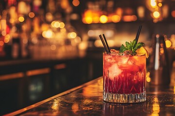 A luxurious hotel bar with elegant lighting, premium cocktails, and stylish furniture, creating a sophisticated atmosphere