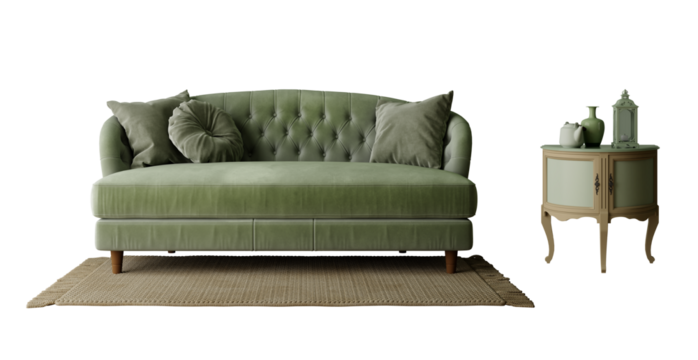Green vintage, sofa , rug and table isolated PNG. 3d rendering