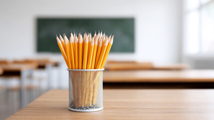 Metallic pencil holder displaying classroom writing tools, wooden desk surface, blurred chalkboard backdrop highlighting educational setting
