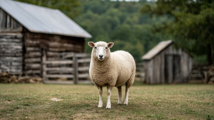 Woolly flock grazing near weathered barn, basking in golden afternoon sunlight across pastoral farmyard landscape