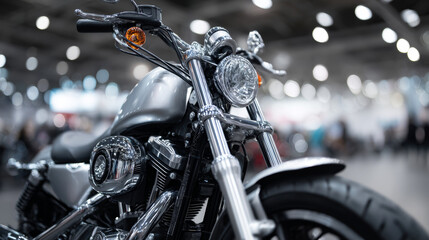 Polished chrome motorcycle engine reflecting intense lighting, highlighting mechanical precision and raw motorsport power