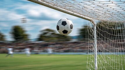 Soccer ball crossing goal line, capturing dynamic motion blur during intense USA Cup soccer competition