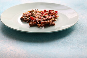 Close-up Asian style mushroom dish with sesame seeds