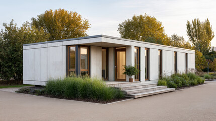 Modern prefab home showcasing sustainable design, constructed using recycled panels, glowing under warm afternoon sunlight