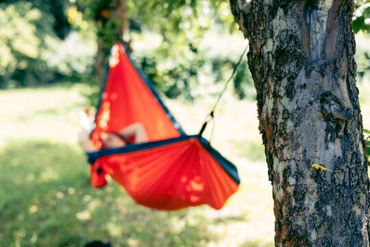 Woman resting in a hammock in a summer garden. Summer vacation concept.