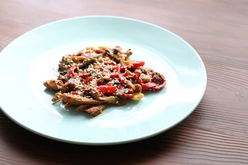 Close-up Asian style mushroom dish with sesame seeds