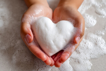 Fototapeta premium Hands holding a heart-shaped soap with bubbles on a soapy surface