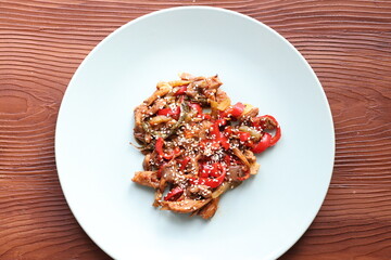 Close-up Asian style mushroom dish with sesame seeds