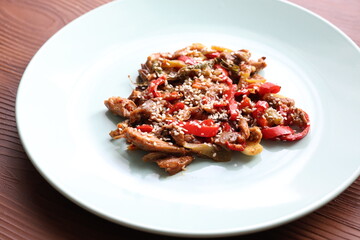 Close-up Asian style mushroom dish with sesame seeds