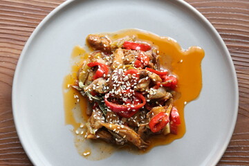 Close-up Asian style mushroom dish with sesame seeds