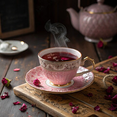 Steaming pink teacup with rose petals on wooden surface