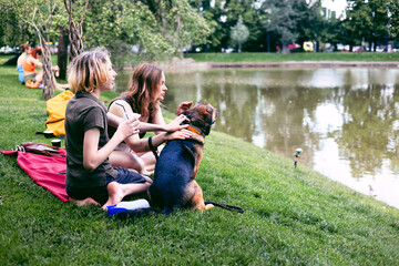 Park, mother and boy with dog, smile and sunshine with weekend break, happiness and nature. Family,...