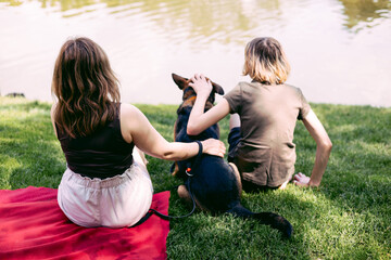 Park, mother and boy with dog, smile and sunshine with weekend break, happiness and nature. Family,...