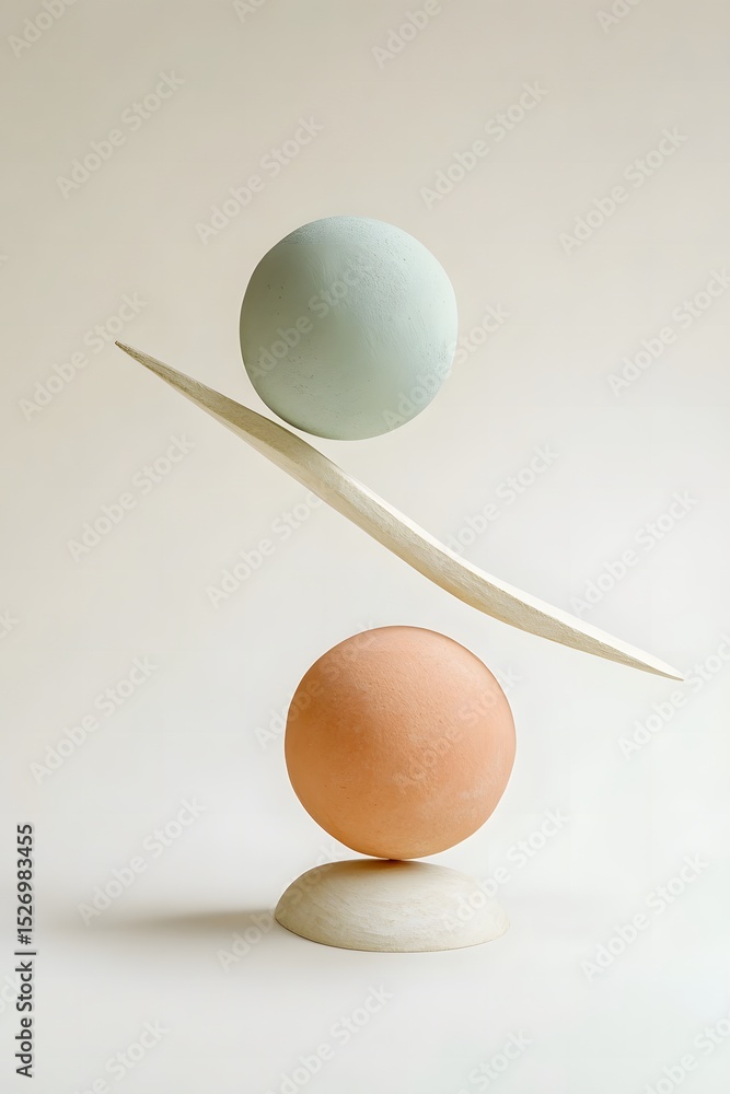 Poster abstract composition featuring pastel-colored spheres balanced on a sculptural base, showcasing harm