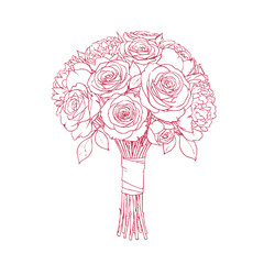 Wedding bouquet with beautiful roses and peonies illustrated in a delicate hand-drawn style