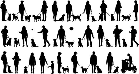 Group people all ages activities with dogs vector silhouette set collection.

