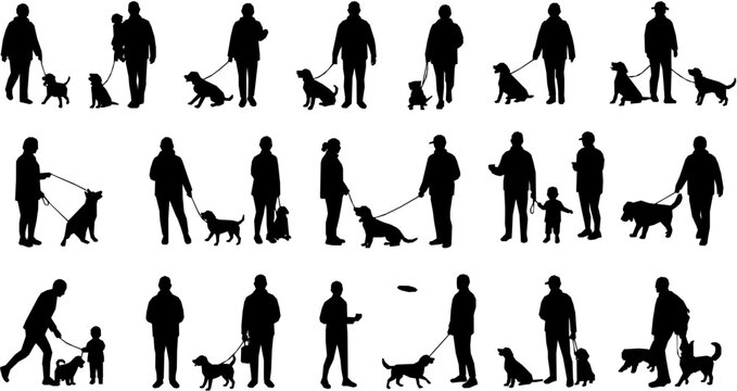 Group people all ages activities with dogs vector silhouette set collection.

