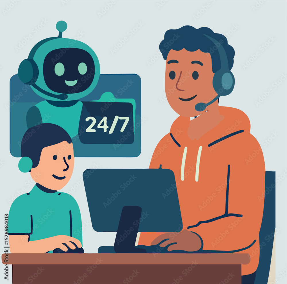 Poster ai technology set. characters using artificial intelligence generative tools for business tasks, con