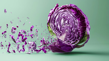 Obraz premium Vibrant purple cabbage is artistically exploding into fragments against a soft green background, showcasing dynamic movement and intricate textures in a visually striking composition