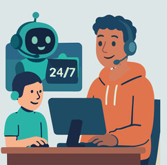 AI technology set. Characters using artificial intelligence generative tools for business tasks, content creations, marketing, automations. Vector illustration